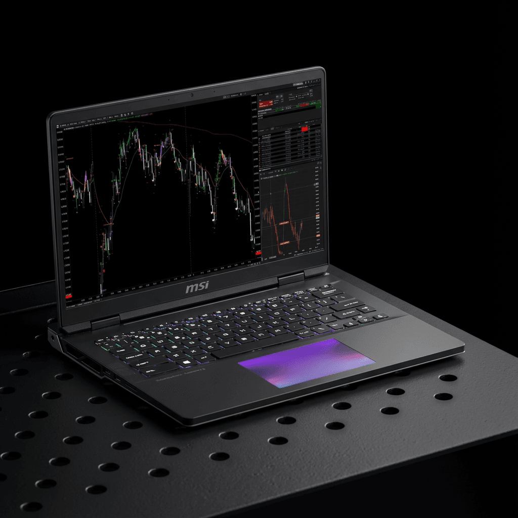 MSI laptop running AlphaDashboard — live ES futures chart